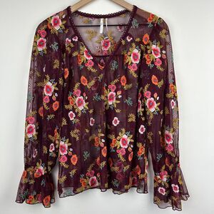 Anthropologie Top Womens XS Mesh Embroidery Floral Feather Bone Shirt Ladies